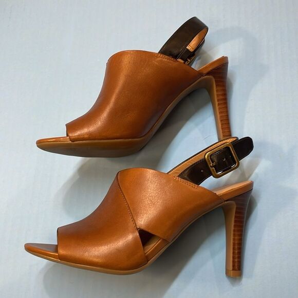 Franco Sarto Brown Leather Peep Toe Slingback Heels Women’s Sz 6 - Picture 5 of 10